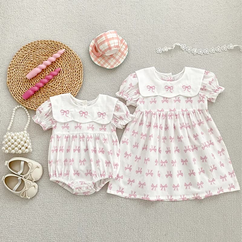 Pink Embroidery Bow Dress Baby Girl Petal Collar Romper Elegant Princess Birthday Party Dress Summer Infant Clothes Sister Look