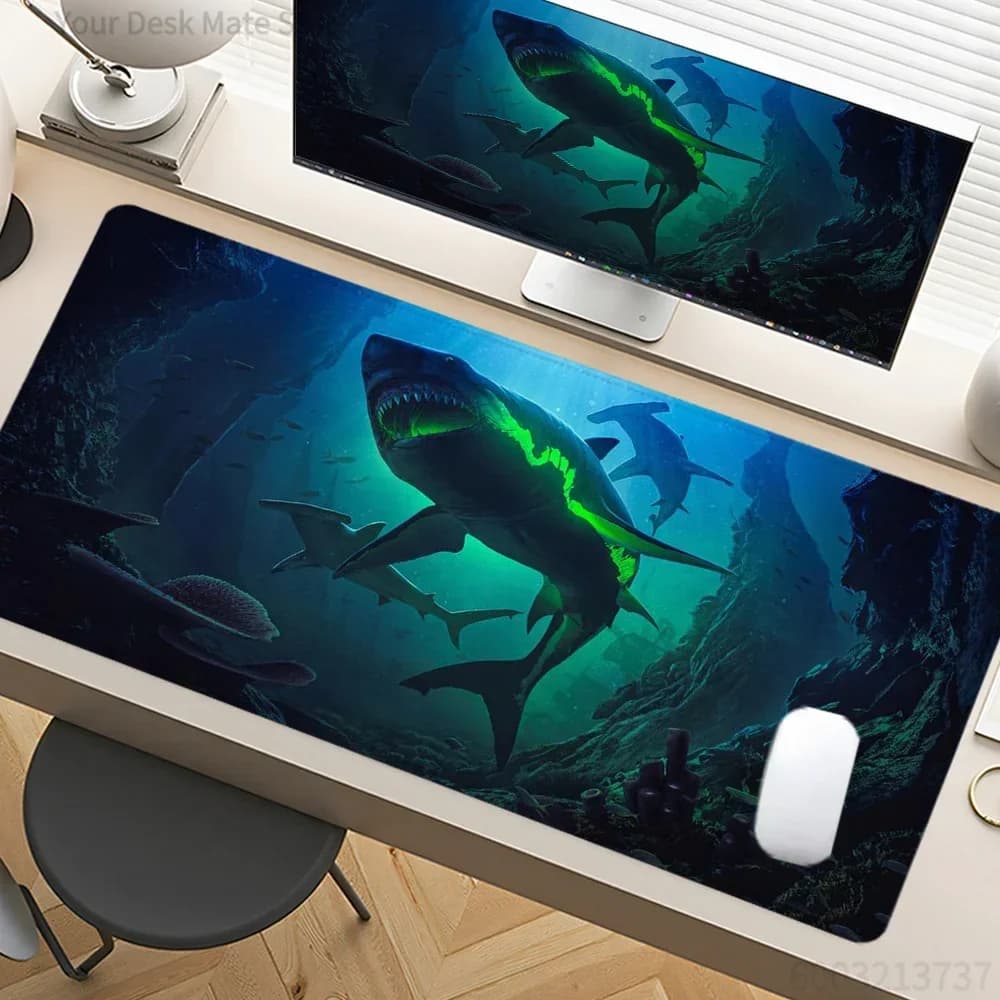 1Pcs Neon Green Shark Print Stitched Edges Large Non-Slip Gaming Mouse Pad Desk Mat