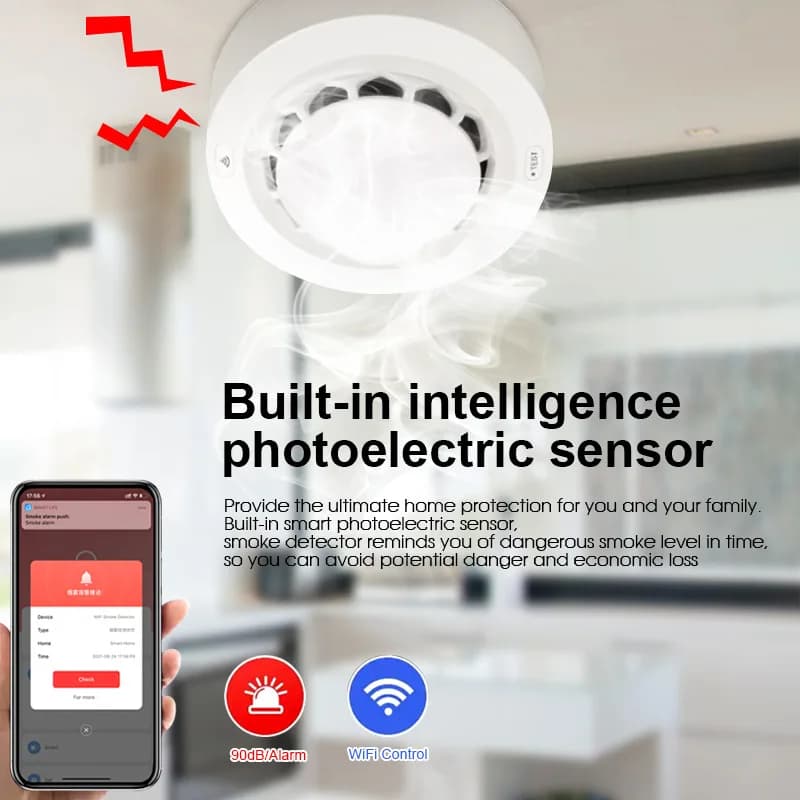 Sensore fotoelettrico intelligente integrato Il rilevatore di fumo WiFi intelligente Tuya supporta l'allarme antincendio di fumo con notifica remota APP