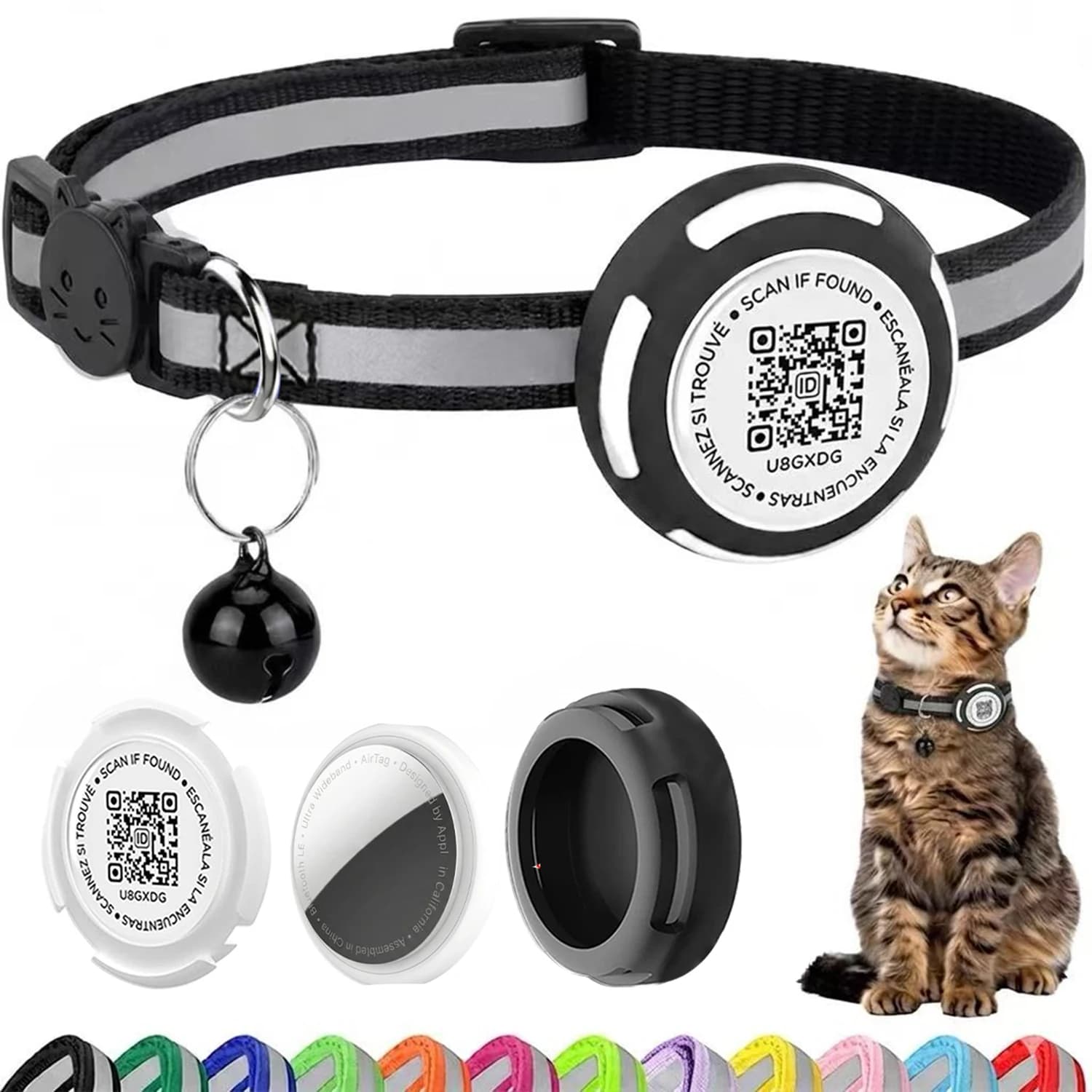 Collare per gatti AirTag con supporto per AirTag e codice QR con nome dell'animale, doppia protezione, collare riflettente per gattini e cuccioli (AirTag non incluso)