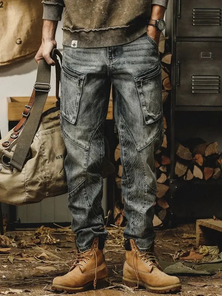 Retro Heavy Duty Patchwork Men's Jeans Multiple Pockets Workwear Straight Leg Long Pants Spring Autumn Casual Washed Denim