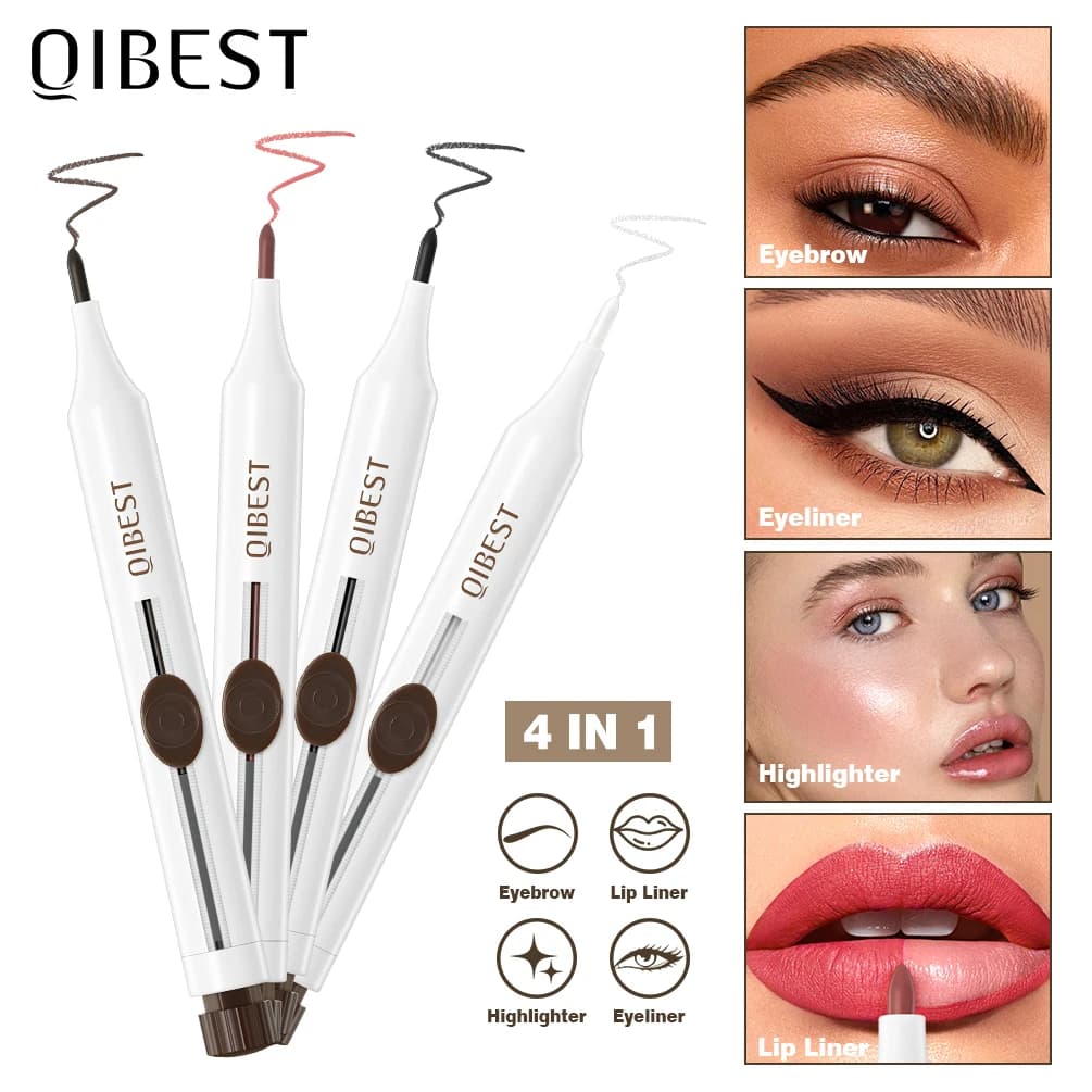 La penna per trucco multiuso QIBEST 4 in 1 combina eyeliner, matita per labbra, matita per sopracciglia e evidenziatore in penna, stick per trucco duraturo Nuovo