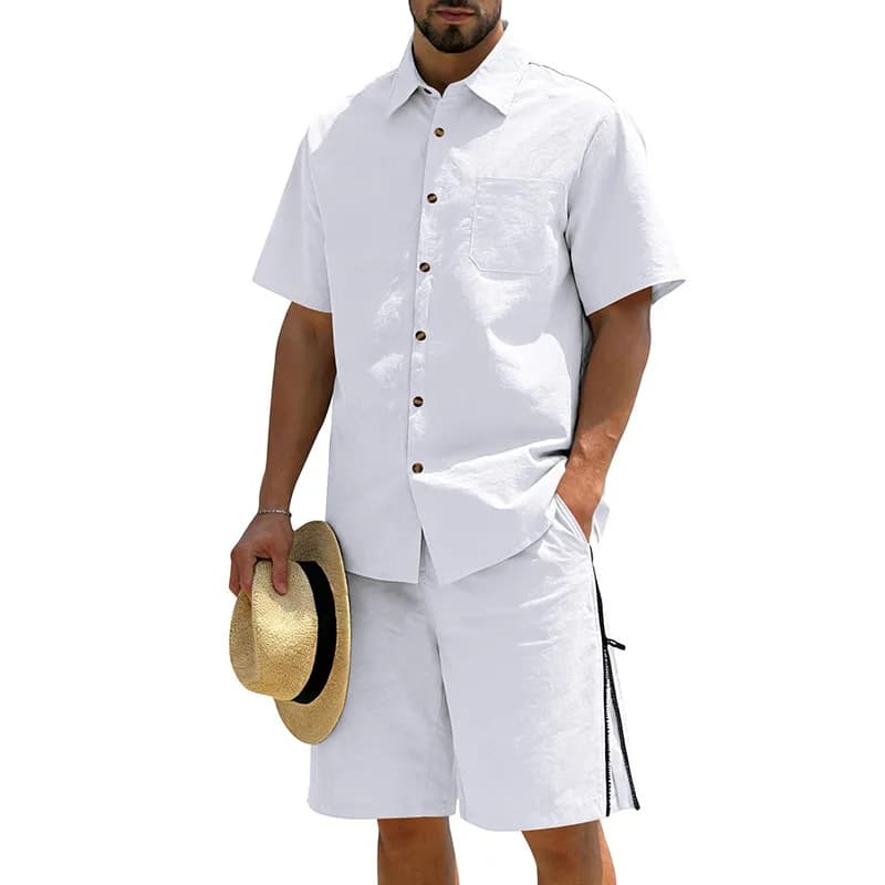 Completo Casual da Uomo in Cotone e Lino, 2 Pezzi: Camicia a Maniche Corte con Bottoni e Pantaloncini con Coulisse, Set Estivo da Spiaggia