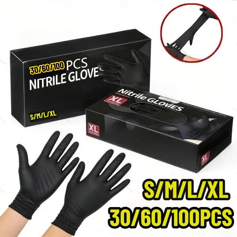 30/60/100 Pezzi Guanti in Nitrile Neri Impermeabili, Confezione Convenienza per Pulizie Domestiche, Cura degli Animali, Strumenti per Unghie, Guanti in Nitrile Multiuso