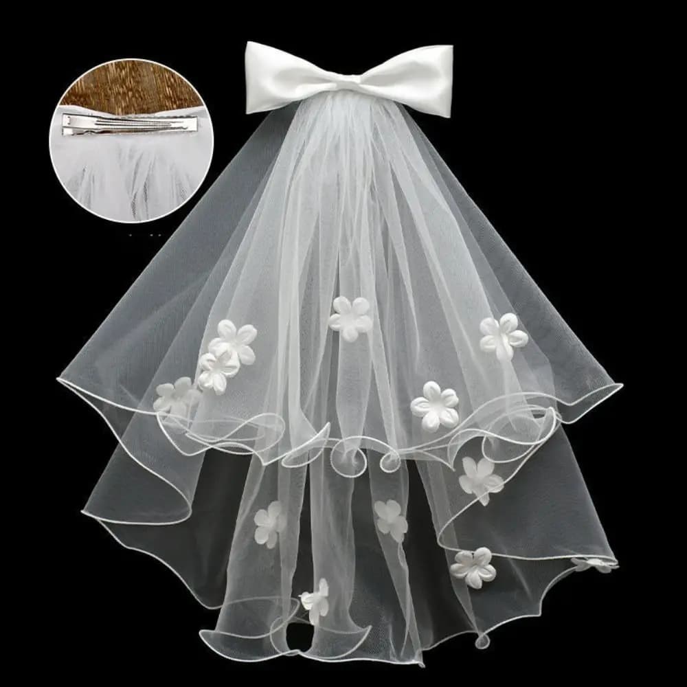 Bridal Veil with Flowers, Pearls and Tape, Bridal Veil with Double Layer with Flake, Satin Head Tulle