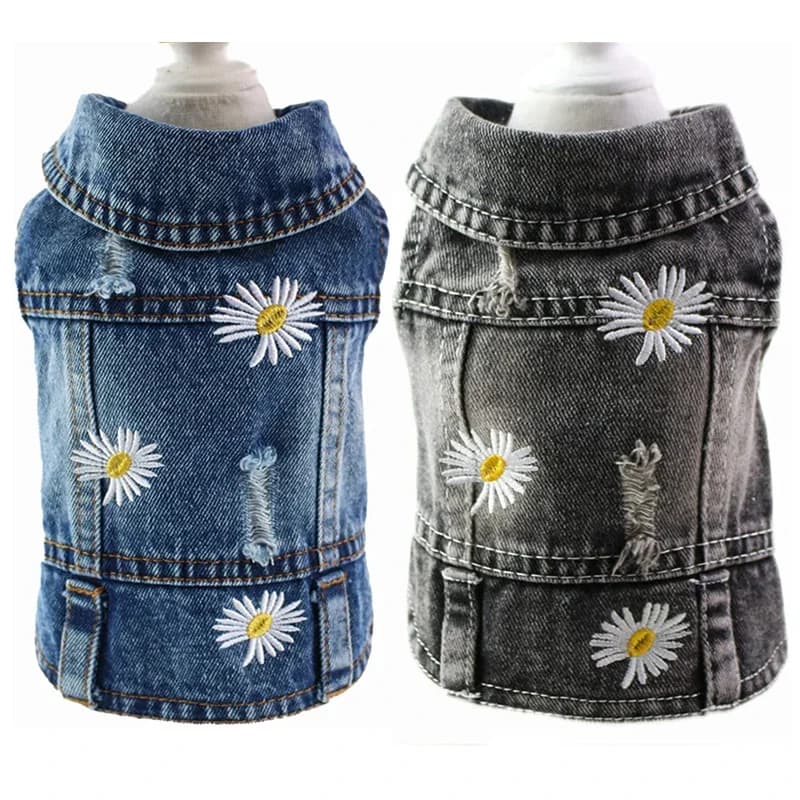 Ricamo Margherita Vestiti per cani di lusso Giacca di jeans per cani lavati vintage per cani di piccola taglia media, gilet senza maniche per animali domestici Cappotto di jeans