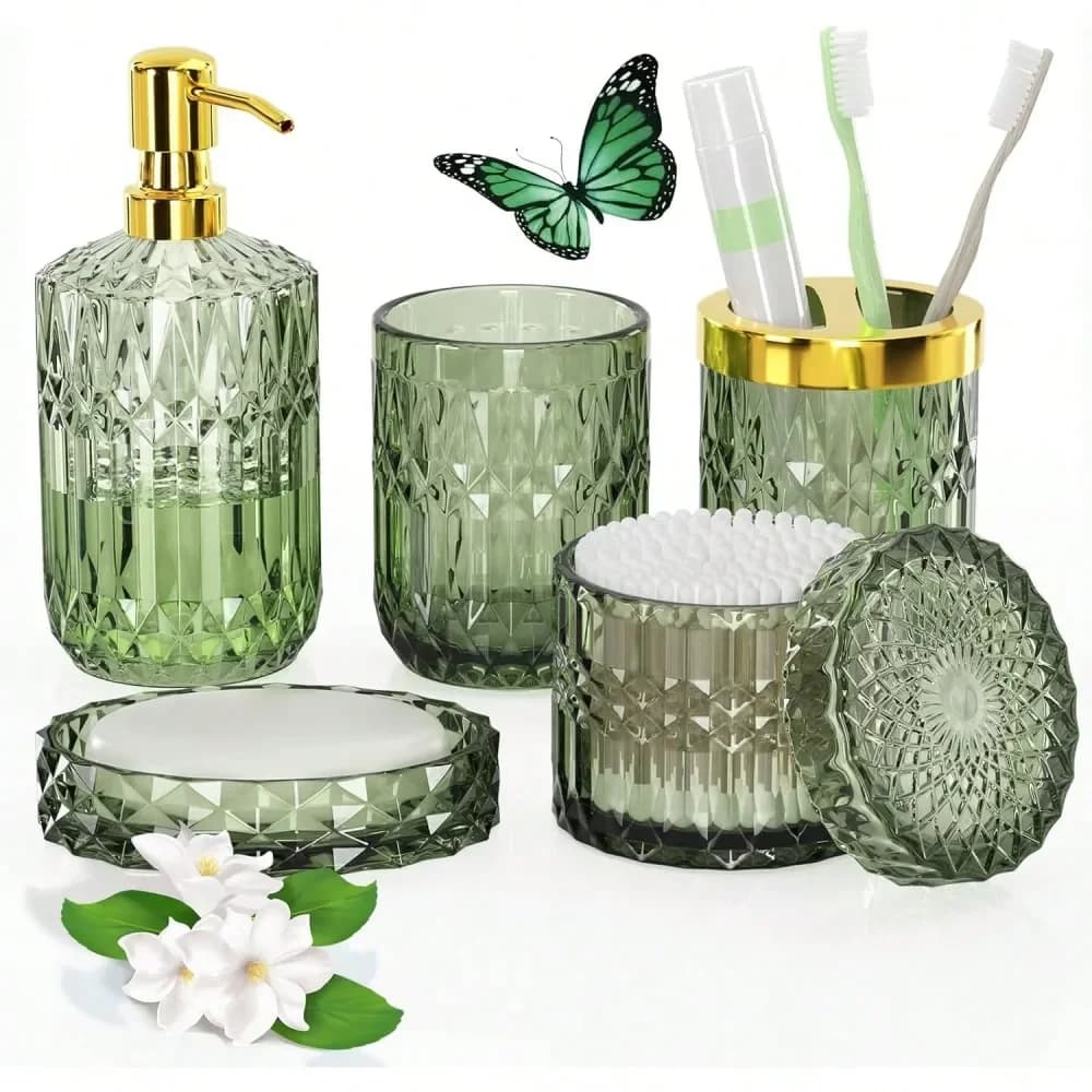 Set di Accessori per Bagno in Vetro Verde Diamantato, Include Dispenser per Sapone Liquido, Portasapone, Portaspazzolino, Bicchiere e Porta Cotone