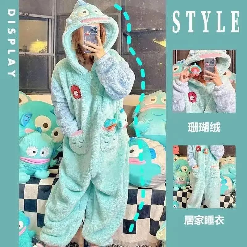Sanrio Kawaii Hangyodon Peluche Tuta Pigiama Pigiama Siamese Cartoon Con Cappuccio Anime Corallo Velluto Homewear Addensato Camicia Da Notte