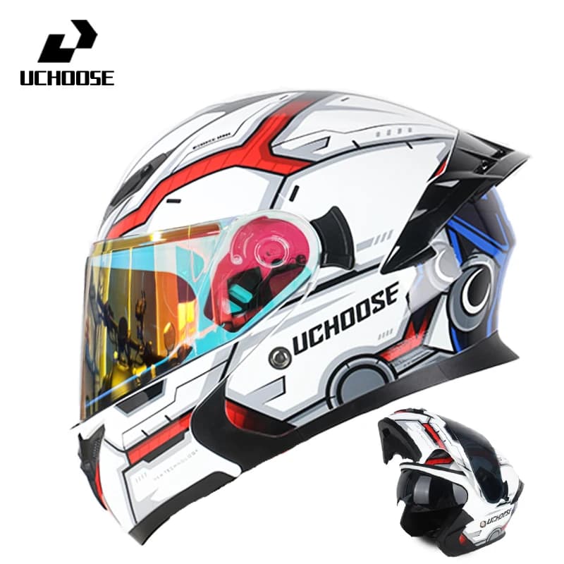 Uchoose Casco moto casco a sezione trasversale a doppia lente casco ribaltabile modulare ciclismo all'aperto unisex, lenti aurora, migliori regali