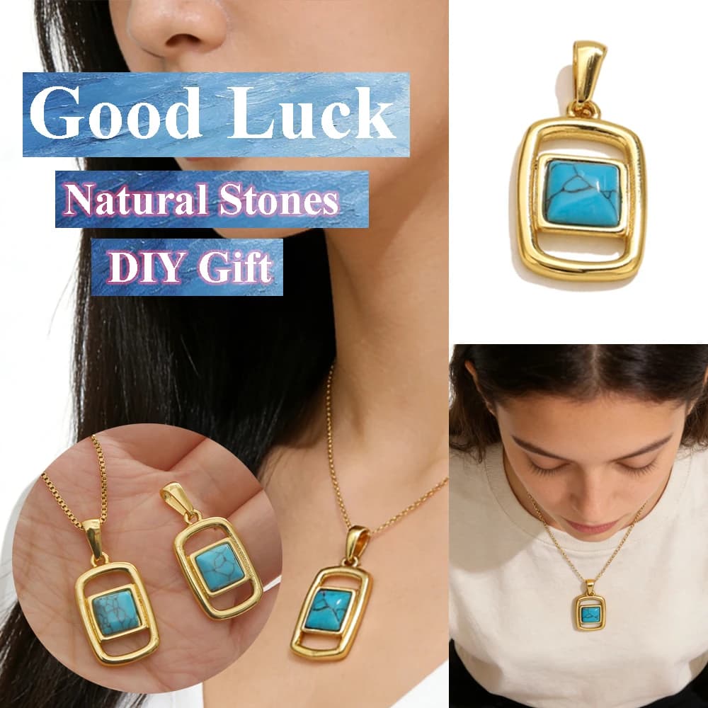 Ciondolo Portafortuna Quadrato in Turchese Naturale Placcato Oro 18K in Acciaio Inossidabile, Charm per Collana Fai-da-Te, Regalo per Creazione di Gioielli, Vendita all'Ingrosso