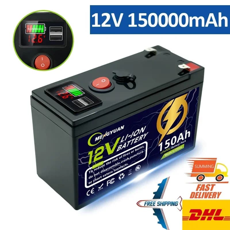 Batteria al litio 12V 18650 150Ah LiFePO4 4000+ Cicli profondi BMS integrato, per UPS, Fish Finder per kayak, pannello solare, ruote elettriche️