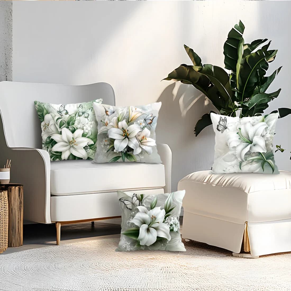 4Pcs Lily Butterfly Print Single-sided Cushion Cover For Living Room Bedroom Car Home Decor