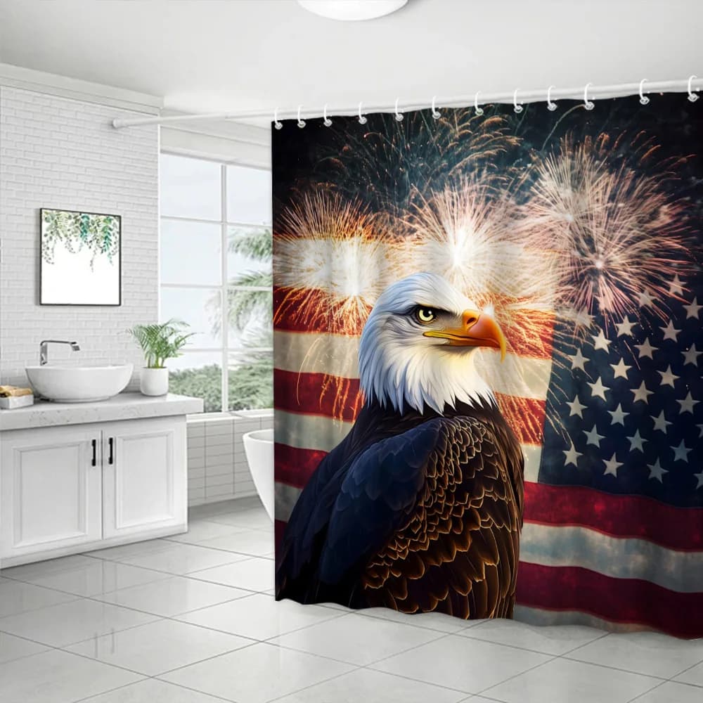 Tenda da doccia a tema Aquila Calva 2D e fuochi d'artificio con bandiera americana, in tessuto di poliestere, per bagno e decorazioni domestiche, con 12 ganci, 70,8 pollici