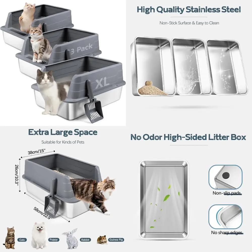 Schedule per gatti extra large in acciaio inossidabile su un lato alto con paletta, XL 22,9 x 15 x 10,3 vassoi per lettiere in metallo per anti-spruzzi, 3-P