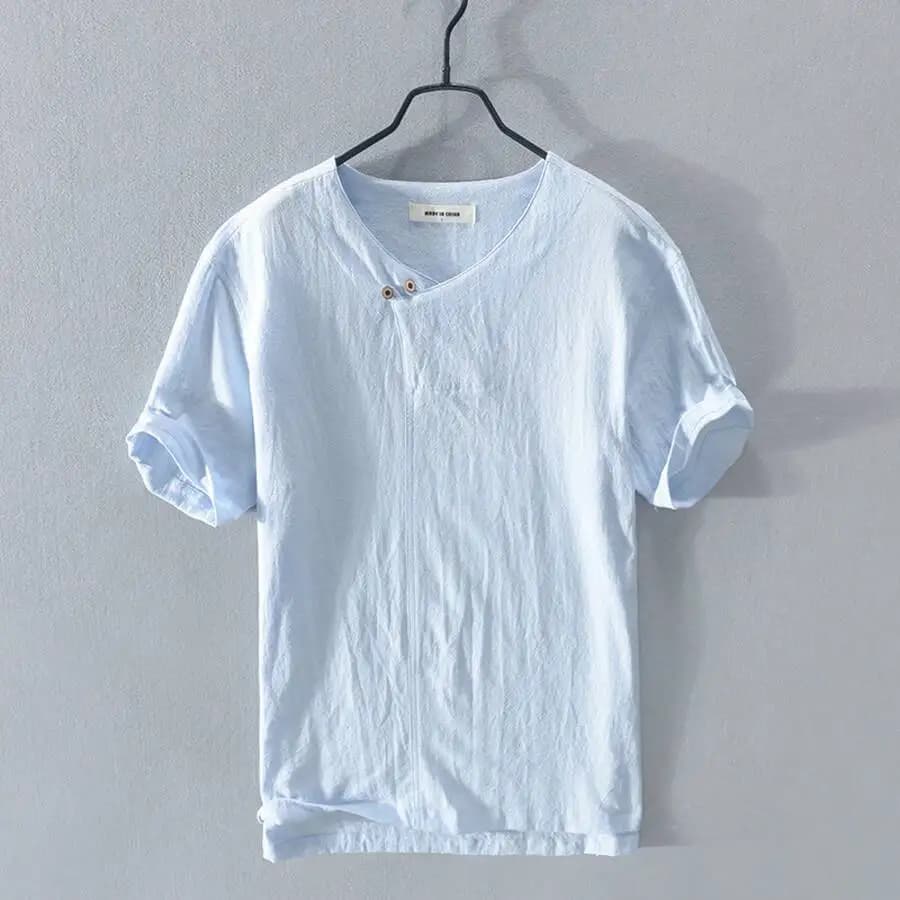 RC126-Men's Linen Crinkled Fabric Short Sleeve T-Shirt, One Piece
