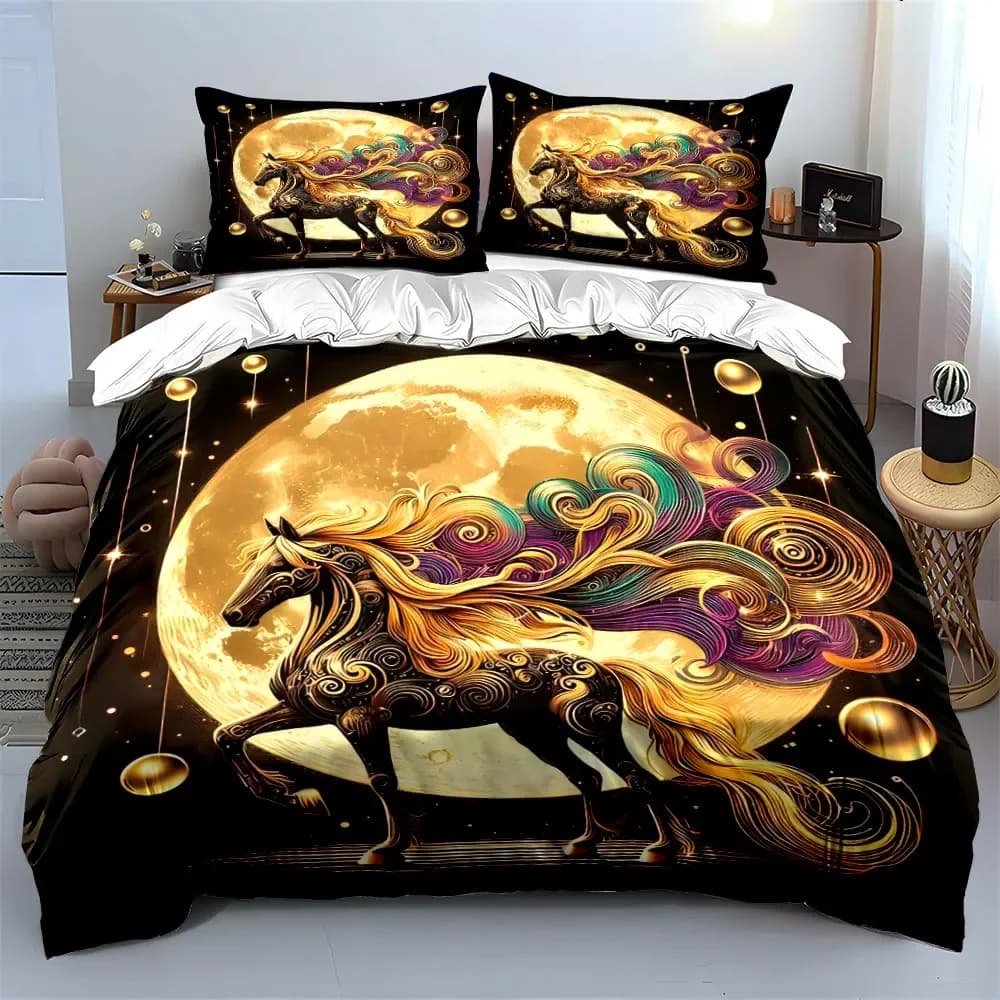 "Golden Moon Horse Decor Set" Soft Comfortable Duvet Cover Bedding Set Included 1*Duvet Cover & 2*Pillowcases, gift