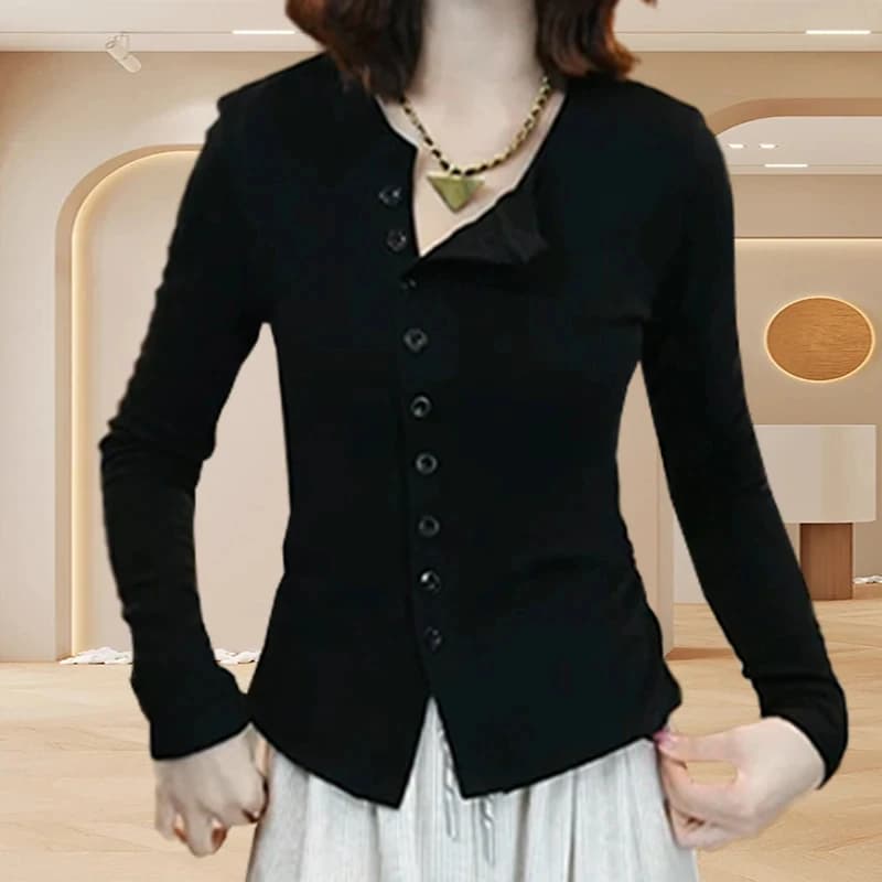 Slim Fit Long Sleeve T-Shirt Women's Fashionable Button up Base Layer Top Autumn New Arrival Design Sense Elegant Base Shirt