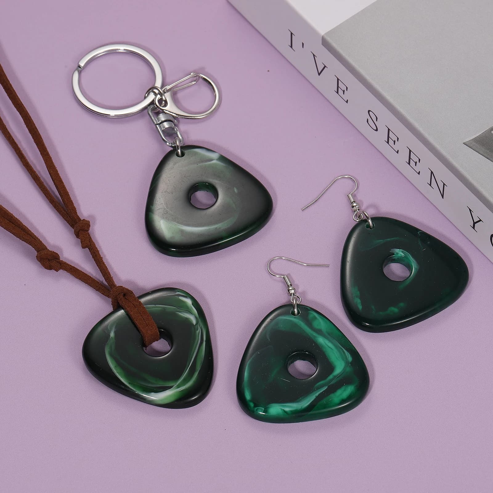 Hot Geometry Green Triangle Pendant Keychain Necklace Earrings Unisex Classic Trendy Simple Versatile Halloween Accessories Gift
