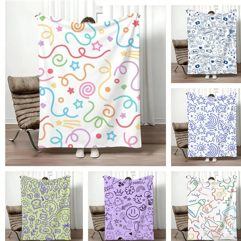 Sketch icons Doodles illustration Throw Lightweight Flannel Blanket Soft Skin-friendly for Summer Cooling