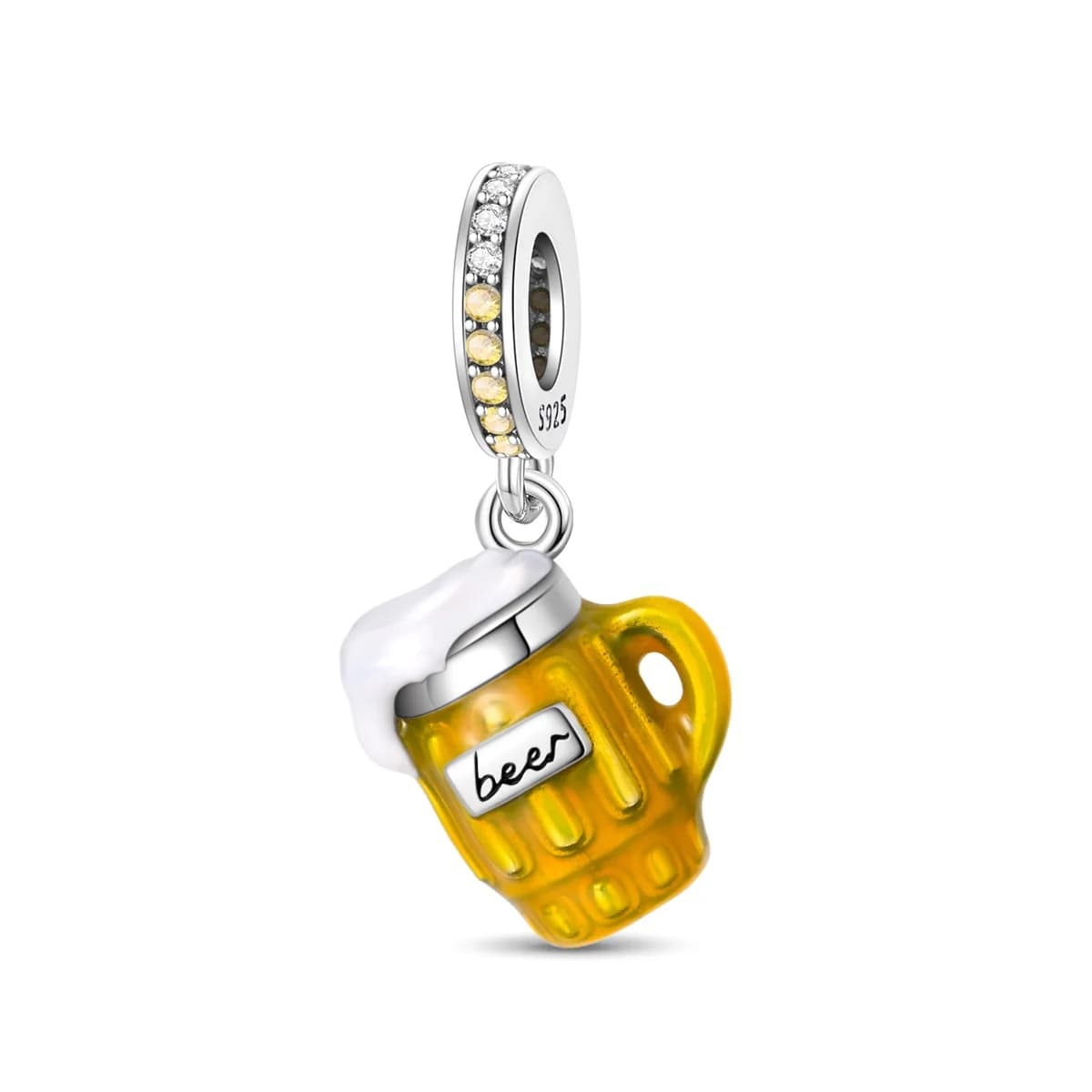 Ciondolo a forma di boccale da birra in schiuma, compatibile con braccialetti originali 925, perline gialle, relax, celebrazione, brindisi, gioia, festa, gioielli, regali per donne
