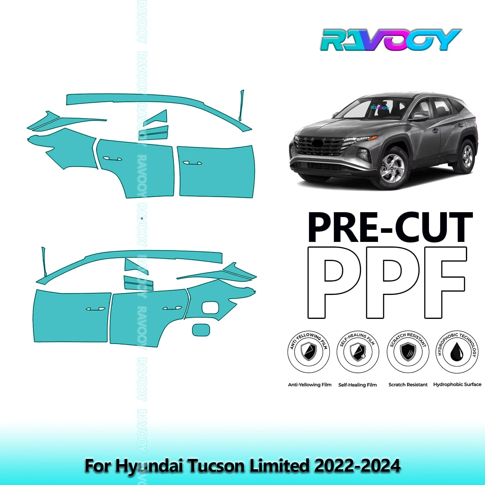 For Hyundai Tucson Limited 2022-2024 8.5mil Transparent Pre-Cut PPF Door and Pillar A/B Kit TPU Paint Protection Film Set