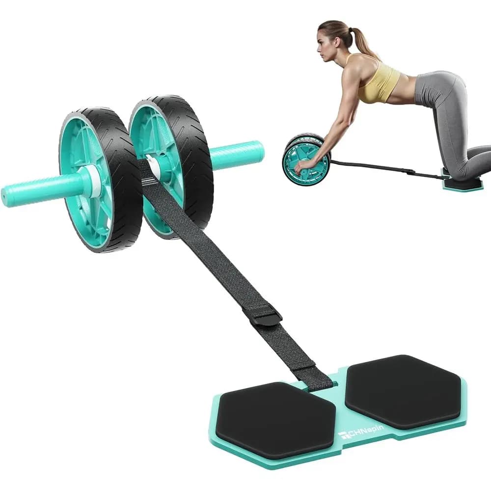 Double wheel abdominal roller with adjustable elastic band, silent wheels, removable design, knee pad and bands – Core training equipment