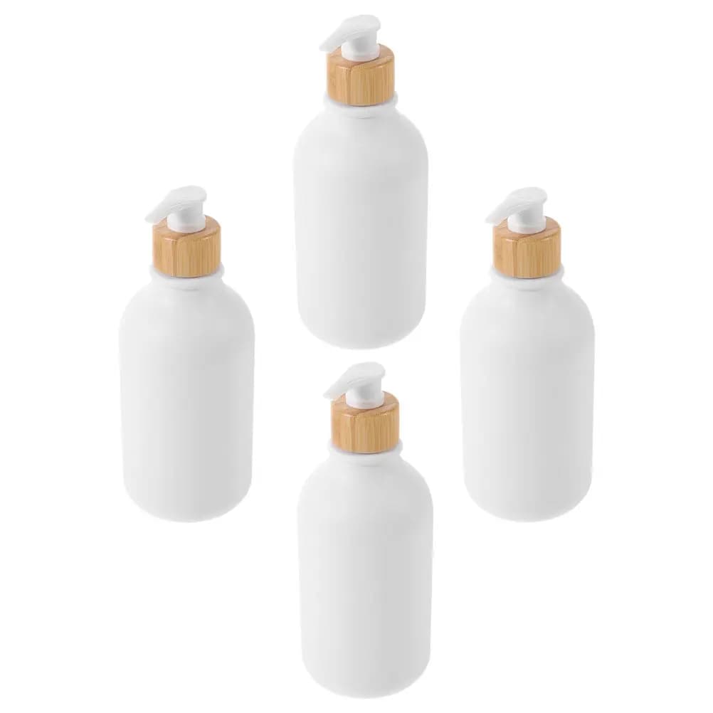 Set di 4 Flaconi Vuoti con Erogatore, Dispenser Ricaricabili per Shampoo, Bottiglie in Legno da 300ml per Bagno e Cucina, Contenitori per Sapone Liquido
