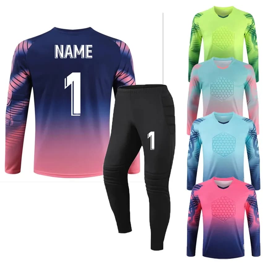 Divise da portiere da calcio personalizzate per uomo, set di maglie per bambini adulti, set di magliette da calcio in spugna protettiva a maniche lunghe, pantaloni sportivi