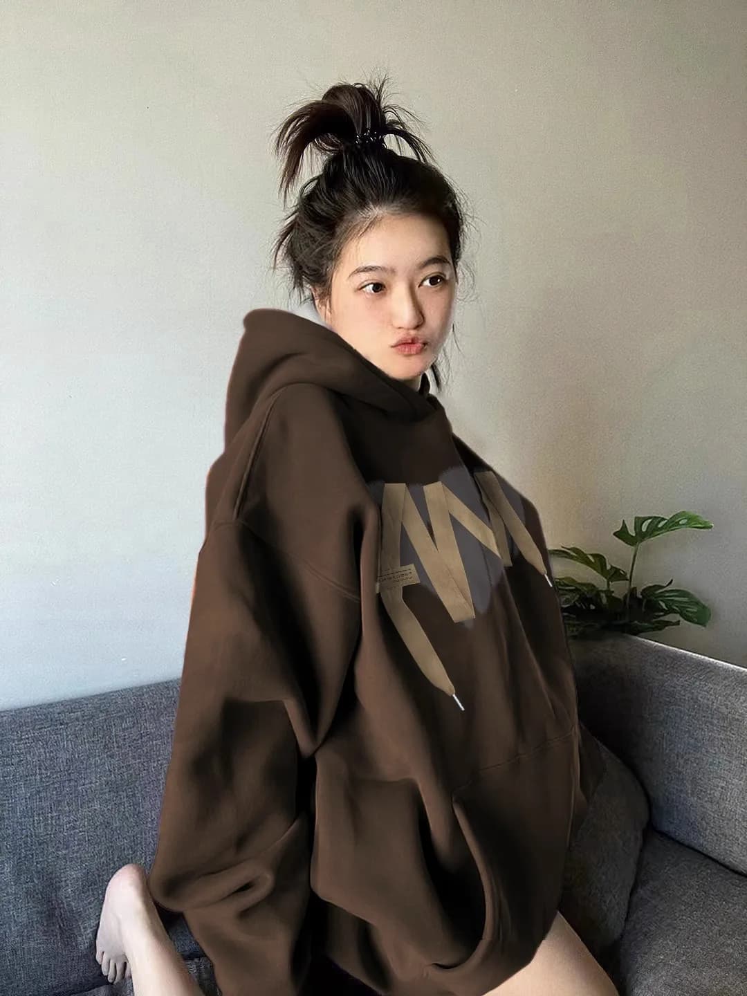 Women's Brown Hoodie Retro Chic, Autumn Winter, Slim Fit, Casual Style for Couples, Korean Fashion, Large fit