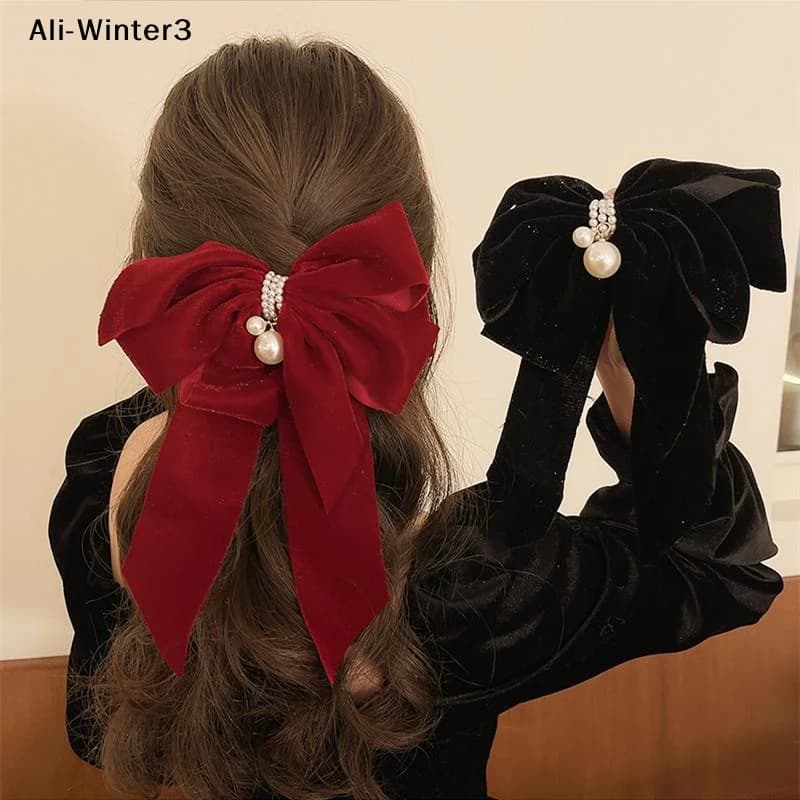 【W3】Fermaglio per capelli in velluto con fiocco, per donne, stile principessa dolce, accessorio per capelli da indossare sul retro della testa, per Capodanno