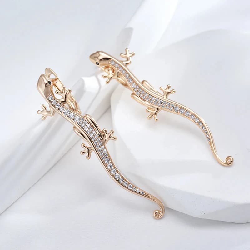 585 Rose Gold Natural Zircon Personalized Jewelry Accessories Lizard-Shaped Long Dangle Earrings for Women