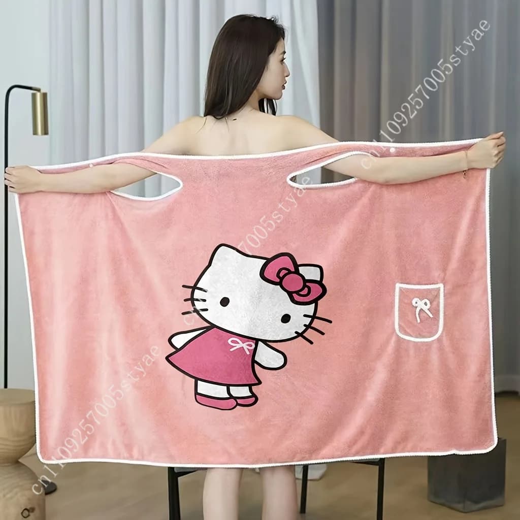Asciugamano da Bagno Indossabile Sanrio Hello Kitty con Tasca e Fiocco, Stile Gonna, Accappatoio da Donna con Tasca