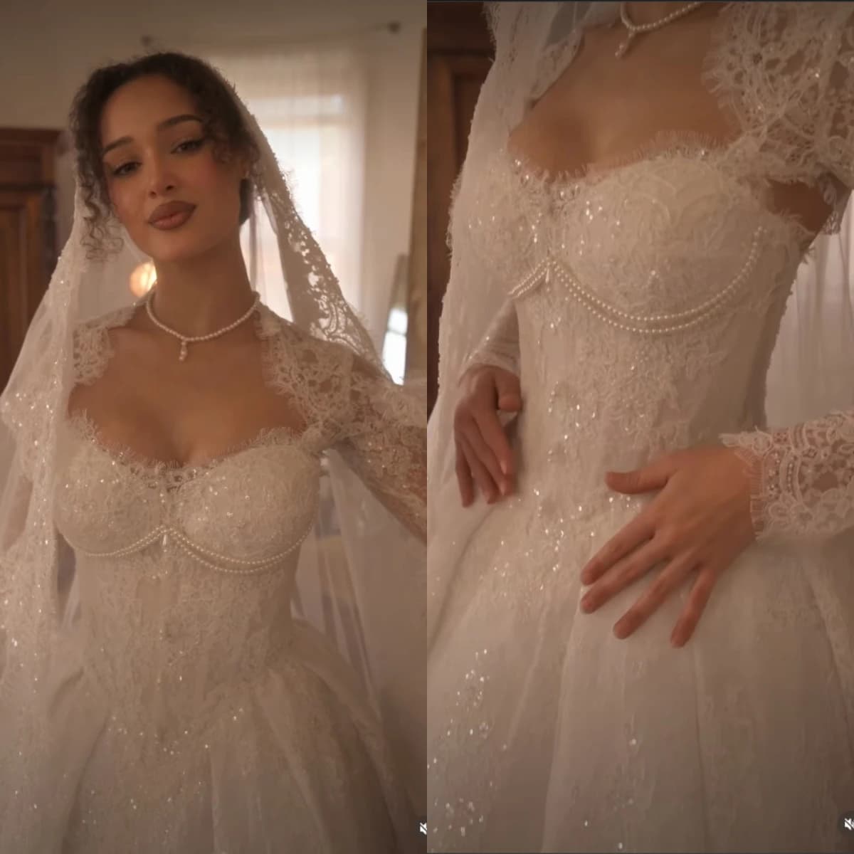Sweetheart Detachable Long Lace Sleeve Ball Gown Wedding Dress Pearl Beaded Corset Lace Bridal Dress Vestido De Novia Customized