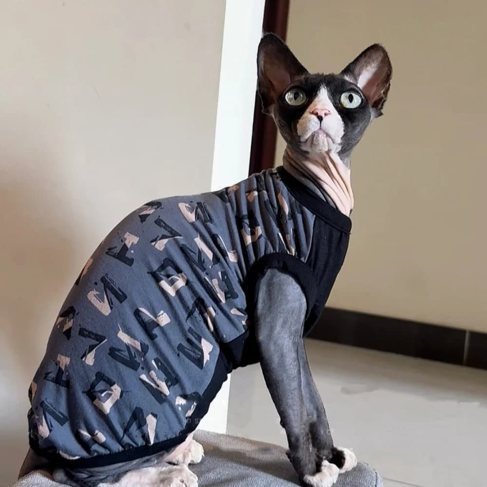 Graziosa Maglietta Grigia a Maniche Corte in Cotone per Gatti Maschi, Gilet Estivo a Cartoni Animati per Devon Rex, Morbido Pigiama per Gatti Sphynx
