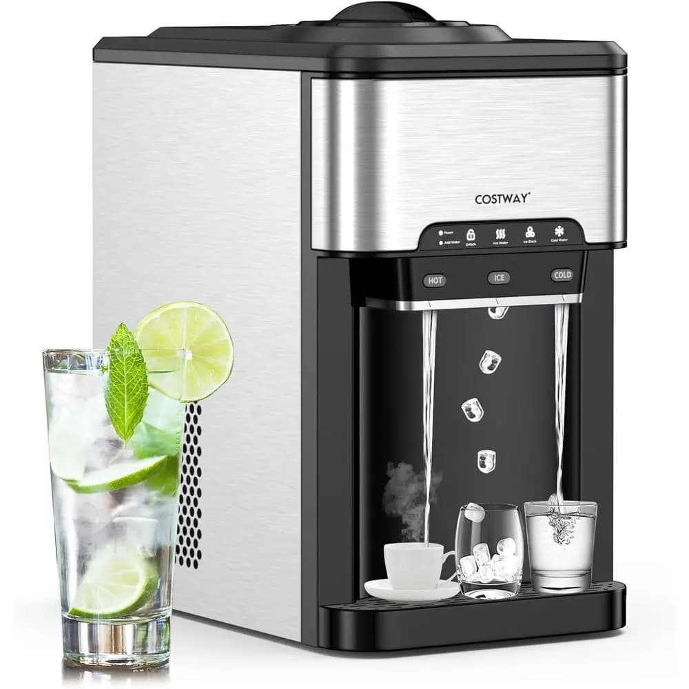 Water Dispenser with Ice Maker, Hold 3-5 Gallon Bottle, 3-in-1 Countertop Top-Loading Hot Cold Water Cooler Machine for Home Off