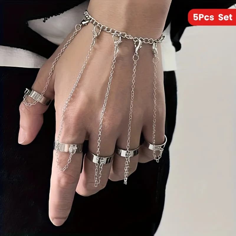 Fashion Finger Ring Bracelet for Men & Women Adjustable Open Band Ring with Connecting Chain Trendy Hip Hop Street Style Jewelry