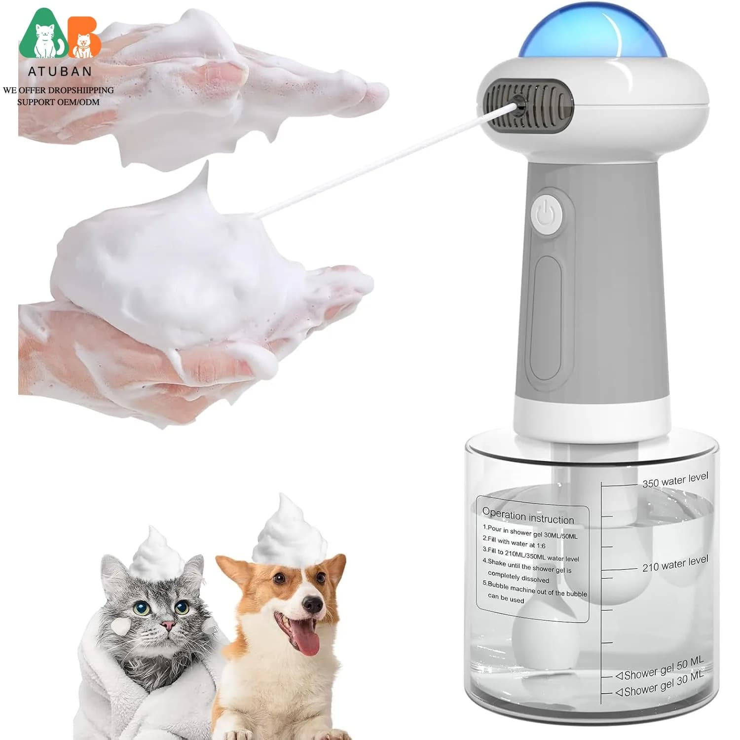 Dispenser di Shampoo per Cani ATUBAN, Spruzzatore Elettrico di Shampoo Schiumogeno UFO per Cani e Gatti, per Vasca da Bagno