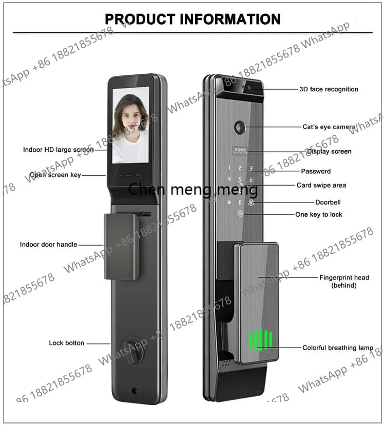 Serratura Intelligente Glomarket Tuya Wifi con Riconoscimento Facciale 3D, Impronta Digitale, Videocitofono e Occhio di Cane, Sicurezza Automatica Digitale