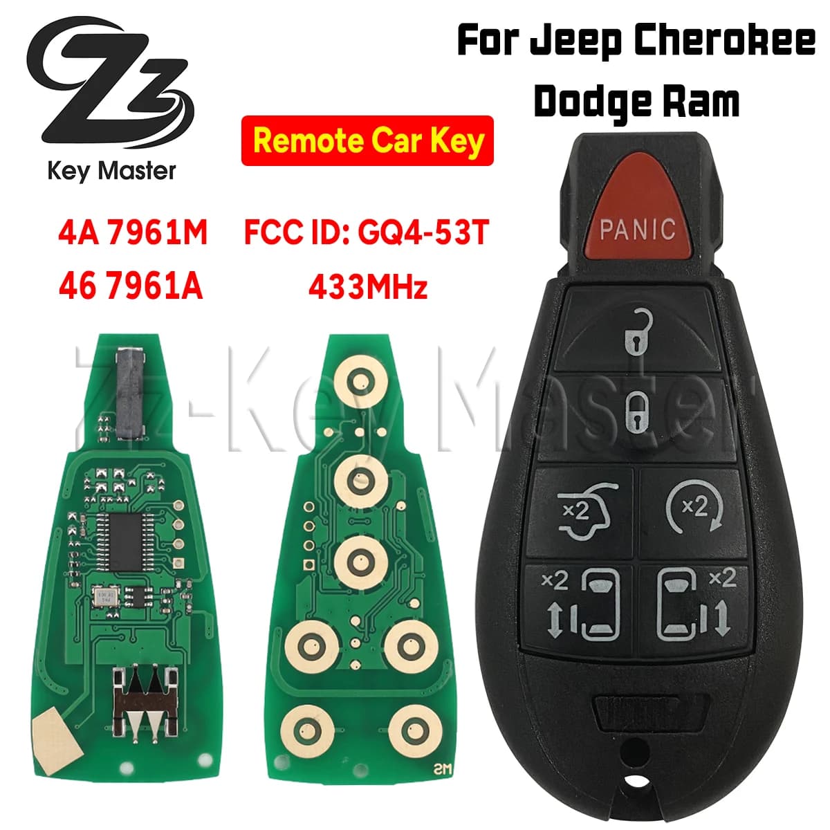 Zz Key Master GQ4-53T 4A 7961M 46 7961A 433Mhz Chiave telecomando per auto per Jeep Cherokee Sport KL Dodge RAM Chrysler