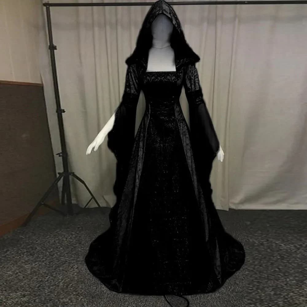 Maxi Train Dress Renaissance Medieval Women's Eve Halloween Devil's Witch Costume Wedding Dress with Hood Dress Costume Cosplay
