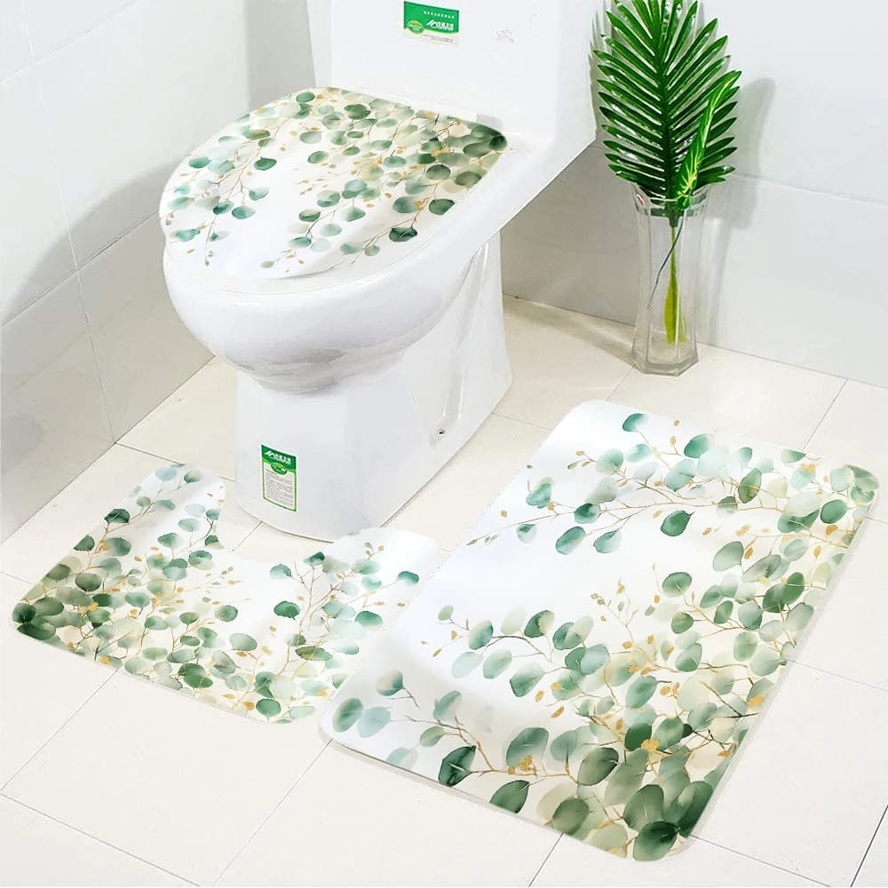 Set Bathroom Mats Green Leaves, Palm Flowers, Green Plants, Carpet for Home, Flannel Mats for Bathroom, Toilet Covers