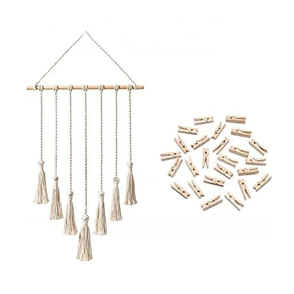 Woven Design Macrame Wall Hanging 25.59 X 15.75 in White Hanging Photo Display 25 Wood Clips Wooden Clips