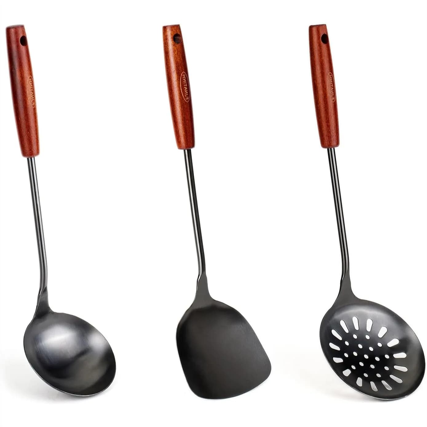 17 Inches Stainless Steel Wok Spatula and Ladle Set, Black Wooden Handle Kitchen Cooking Tools