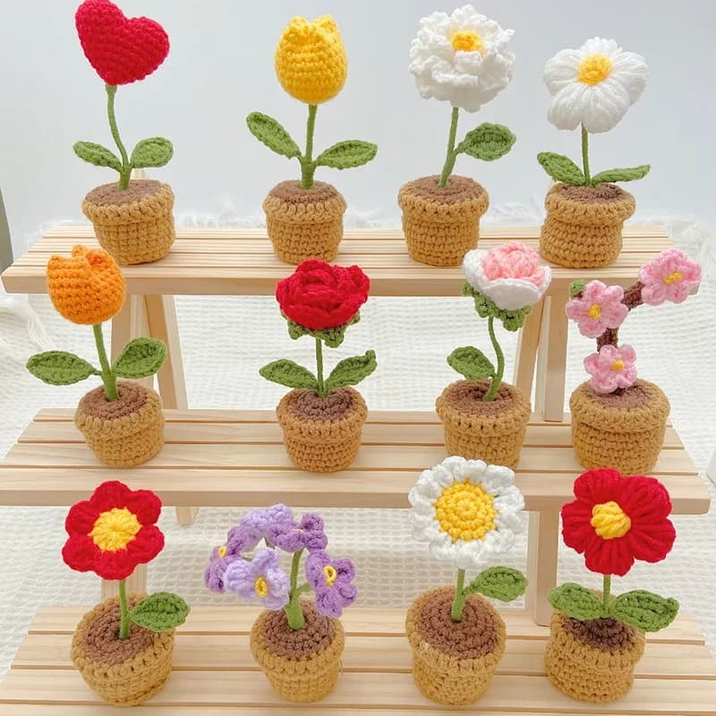 Regalo per ragazze Girasole lavorato a mano Tuilp Rose Fiori all'uncinetto Piante in vaso Finito Fiore artificiale intrecciato Decorazioni per il desktop