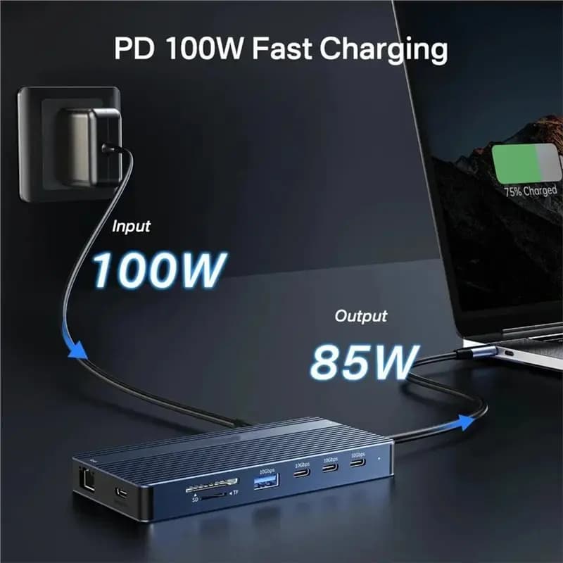 Docking Station USB-C 8-in-1 AED6-14 con 2 uscite video HD, 1 USB-C/DP 4K/60Hz, ingresso 10Gbps PD100W 85W, Ethernet 1000Mbps per laptop