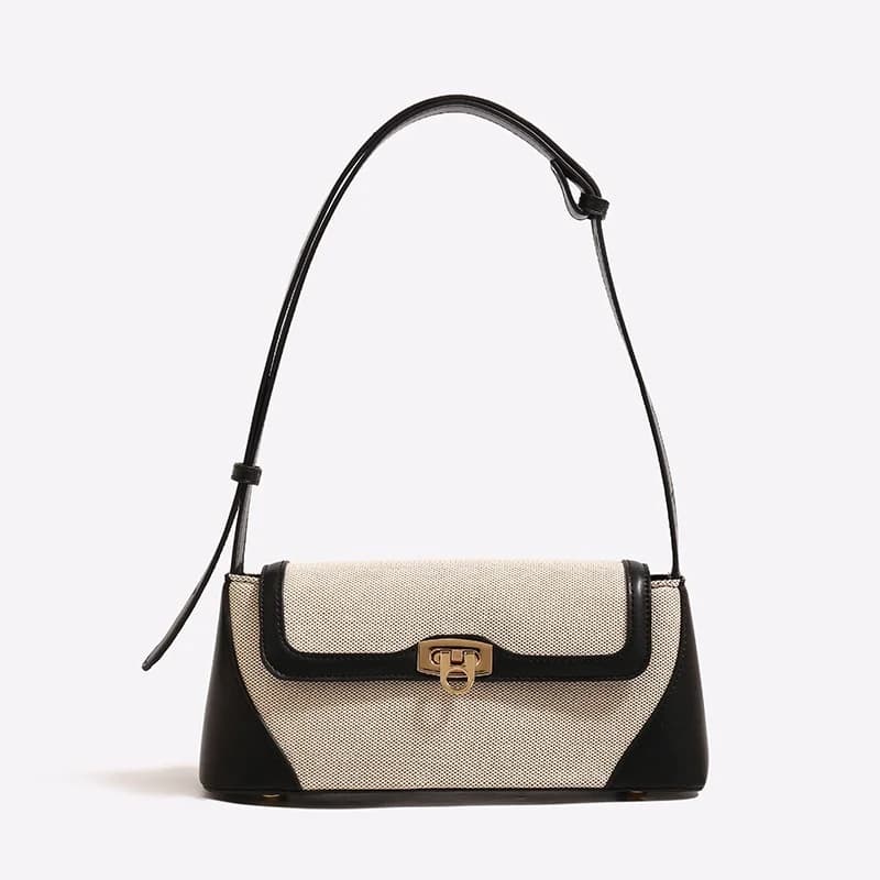 French Style Retro Baguette Shoulder Bag For Women Canvas PU Contrast Color Flap Handbag Fashion Versatile For Daily Commute