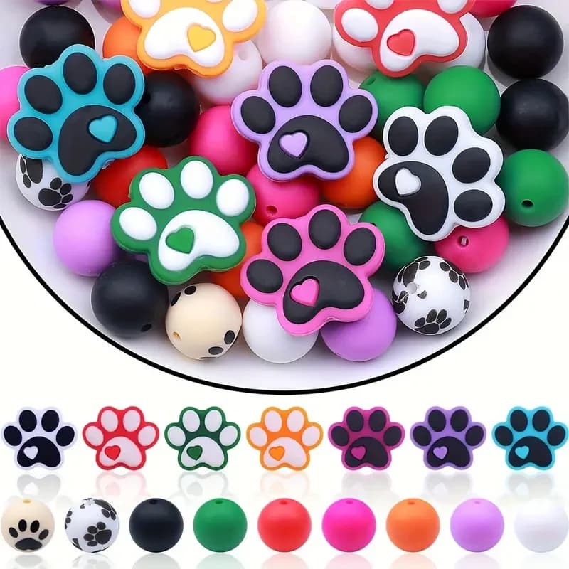 Set di 5/7/25/56 pezzi di perline in silicone con stampa di zampe di animali, adatto per perline artigianali fai-da-te per realizzare orecchini, collane, portachiavi