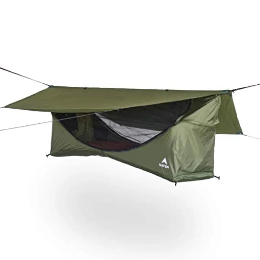 Camping hammock tent for outdoor use, nylon fabric, gray color, lay-flat design with waterproof rainfly, integrated mosquito ne
