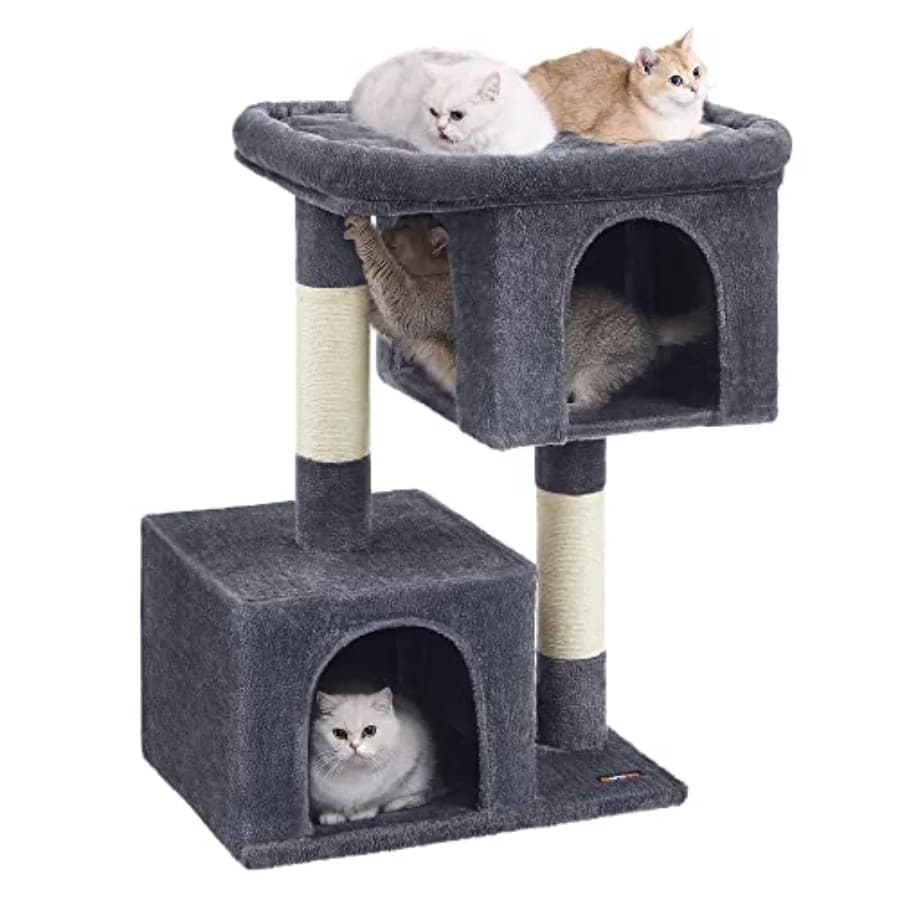 Albero per Gatti 103 cm, Torre per Gatti con Cuccia in Peluche per Gatti Extra Large fino a 20 kg, Ampia Piattaforma, 2 Grotte, Tiragraffi, Grigio Fumo UPCT61