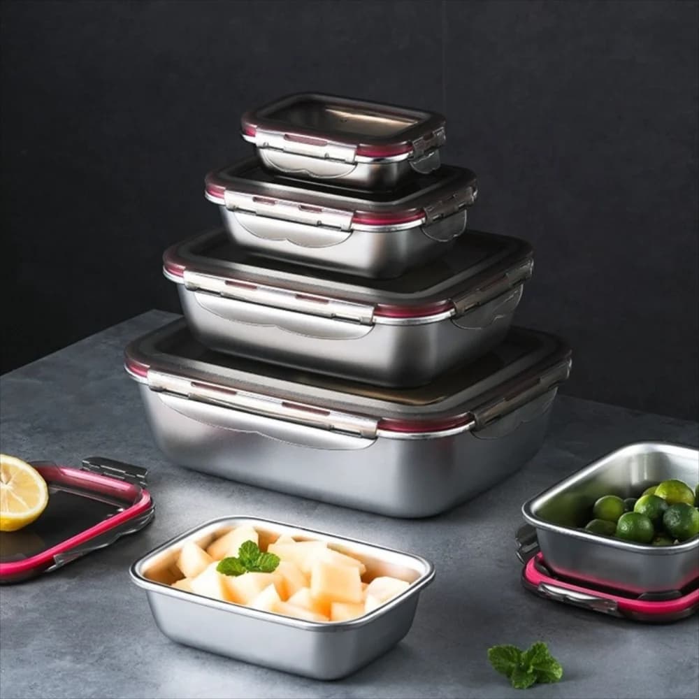 Contenitore per Alimenti in Acciaio Inox con Coperchio, Scatola Quadrata per Conservazione Cibi, Ermetica e Antiperdita, per Scuola e Ufficio